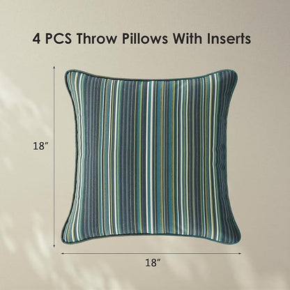 Sunbrella Decorative Outdoor Water Repellent Throw Pillows with Inserts, Set of 4, 18" x18" Pillows for Patio, Backyard, Bed, Couch, and Patio Furniture, Beach Stripe Lagoon