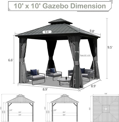 Domi Hardtop Gazebo 10x10FT, Aluminum Outdoor Gazebo with Galvanized Steel Double Roof Canopy, Curtains and Netting Included, Metal Gazebo Permanent Pavilion for Patio, Lawn, Garden, Gray