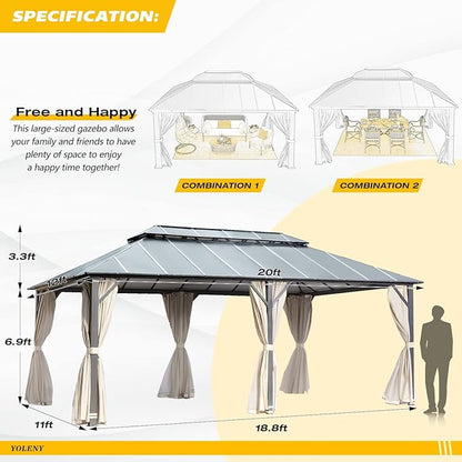 YOLENY 12' X 20' Hardtop Gazebo, Aluminum Composite Ventilation Double Roof Permanent Outdoor Pavilion Pergola Party Tent for Patio, Lawn, Garden, Poolside, Curtains and Netting Included