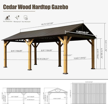Domi Cedar Wood Gazebo 12’x20’ Hardtop Gazebo with Galvanized Steel Gable Roof, Outdoor Gazebos for Patio, Permanent Pergola for Deck, Backyard