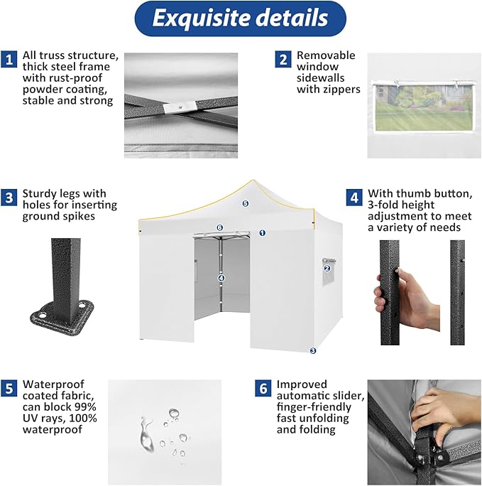 COBIZI Canopy Tent 10x10 Pop Up Canopy, Easy Setup Canopy with Sidewalls Waterproof & UPF 50+, Heavy Duty Commercial Instant Craft Fair Tent for Party, Event, Vendor, Farmer Market(White)