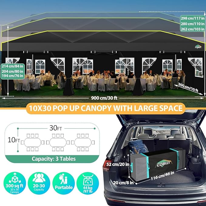 COBIZI 10x30 Pop Up Canopy Tent with Sidewalls - Party Outdoor Wedding Event for Parties - UPF 50+ Windproof Waterproof Gazebo with Air Vent, Wheeled Bag, Sandbag, Stake, Rope (Black)
