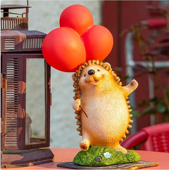 WHIMSYNOOK 10.4" Resin Hedgehog with Balloon Solar LED Garden Statue Light, Ideal for, Porch, Lawn, Yard, Housewarming, or Birthday Gifts for Mom, Family, and Hedgy Lovers