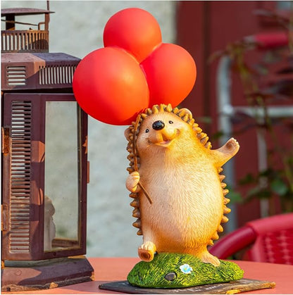 WHIMSYNOOK 10.4" Resin Hedgehog with Balloon Solar LED Garden Statue Light, Ideal for, Porch, Lawn, Yard, Housewarming, or Birthday Gifts for Mom, Family, and Hedgy Lovers