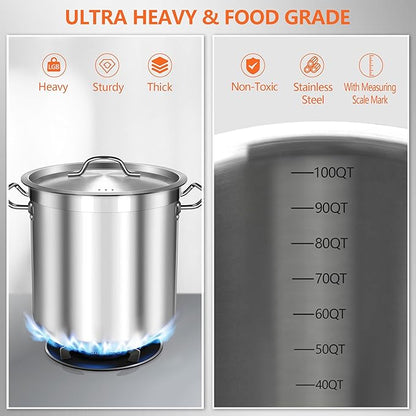 100 Quart Stainless Steel Stock Pot with Lid – Giant Heavy Duty Cooking Pot for Soup, Stew, Crawfish – Commercial Grade, Induction Compatible – Ideal for Catering & Bulk Cooking