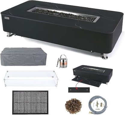 Elementi+ | Bundle Valencia Gas Fire Pit | Concrete Body & Marble Porcelain Top | 62" Rectangular Fire Table | Electronic Ignition | Canvas Cover, Fire Glass, Burner Lid & More | Black | Natural Gas