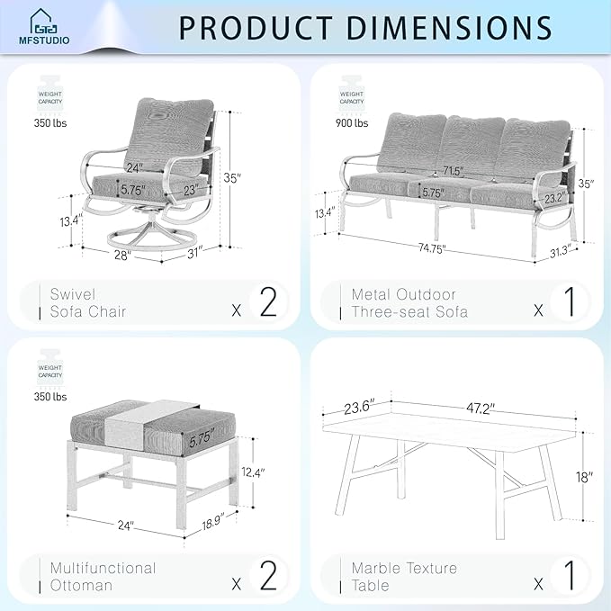 MFSTUDIO 6 Pieces Metal Patio Furniture Sets, 2 Swivel Chair, 1 Deep Seating 3-Seat Sofa, 2 Ottoman & 1 Marbling Coffee Table, All Weather 7 Seats Outdoor Conversation Set for Garden, Peacock Blue