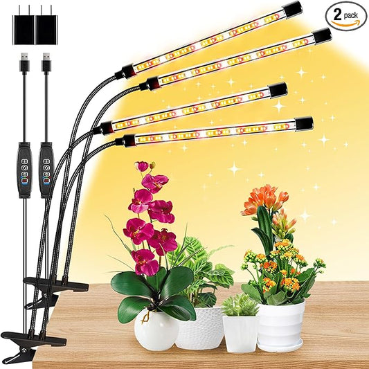 Full Spectrum Grow Light for Indoor Plants, Dual Heads Grow Lights with 10 Dimmable Levels & 3 Timer Modes (3/9/12H), Adjustable 360° Gooseneck for Plants Indoor Growing(2 Pack)