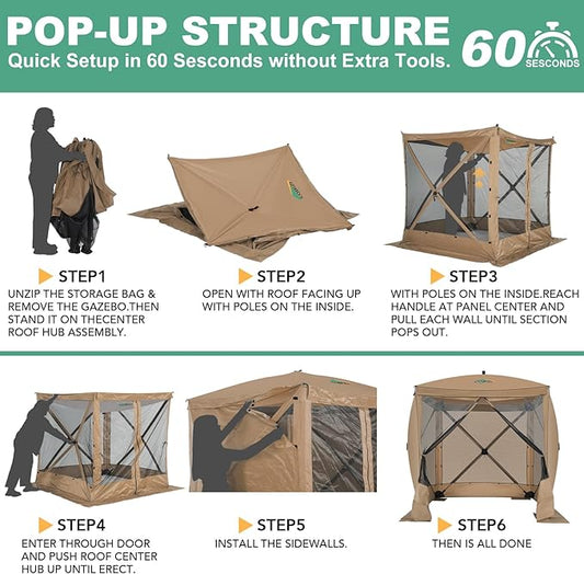 COBIZI 6x6 Pop up Gazebo Tent on Clearance, Ez up Waterproof Screen Tent Screen House with 3 sidewalls,Portable Outdoor Canopy with Carry Bag & Ground Stakes for Camping,Garden and Picnics, Khaki