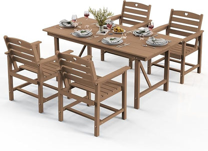 Patio Table and Chairs Set with Umbrella Hole, HDPE Patio Dining Set for 4, Outdoor Dining Set for Lawn, Patio, Porch, Deck, Poolside, Yard (Teak, 5-Piece)