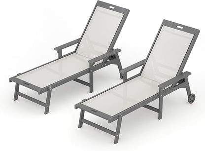 LUE BONA Chaise Lounge Chair Outdoor Set of 2, HDPS and HDPE Wicker Chaise Lounger with 5 Positions, Pool Lounge Chairs with Wheels and Adjustable Backrest for Patio, Poolside, Deck, Backyard
