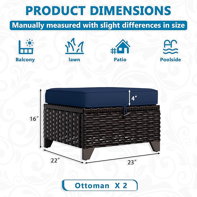Vista Vibe 2 Pieces Patio Wicker Ottomans, Luxurious Footstools, Outdoor Small Footrest, Wicker Furniture with Removable Cushions,All-Weather PE Rattan, Garden, Backyard, Porch(Brown/Navy)