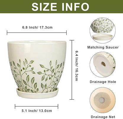 6.8 Inch Plant Pot - Ceramic Pot for Indoor Outdoor Plants, Boho Decorative Round Ceramic Planter with Drainage Hole and Saucer, Housewarming Gifts, Office Garden Home Decor, White