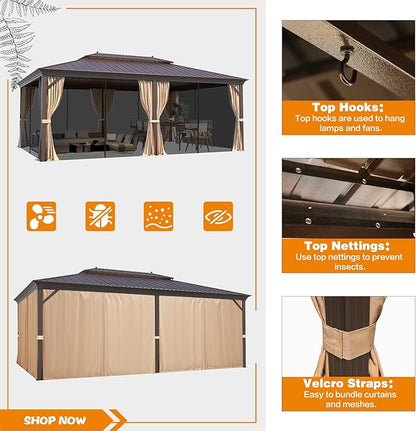 MELLCOM 14' x 20' Hardtop Gazebo,Galvanized Steel Metal Double Roof with Curtain and Netting,Brown Permanent Pavilion Gazebos with Aluminum Frame for Patios,Gardens,Lawns