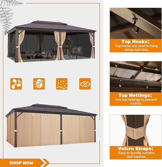 MELLCOM 14'x20' Hardtop Gazebo, Galvanized Steel Metal Double Roof Aluminum Gazebos with Curtain and Netting, Brown Permanent Pavilion Gazebo with Aluminum Frame for Patios, Gardens, Lawn