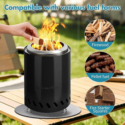 9.7 x 7.1 Inch Tabletop Fire Pit by AmazStove, Low Smoke Camping Stove for Outdoor Safe Burning Firepits, Fueled Pellets or Wood, Travel Bag Included (Black, 9.7 x 7.1 INCH)