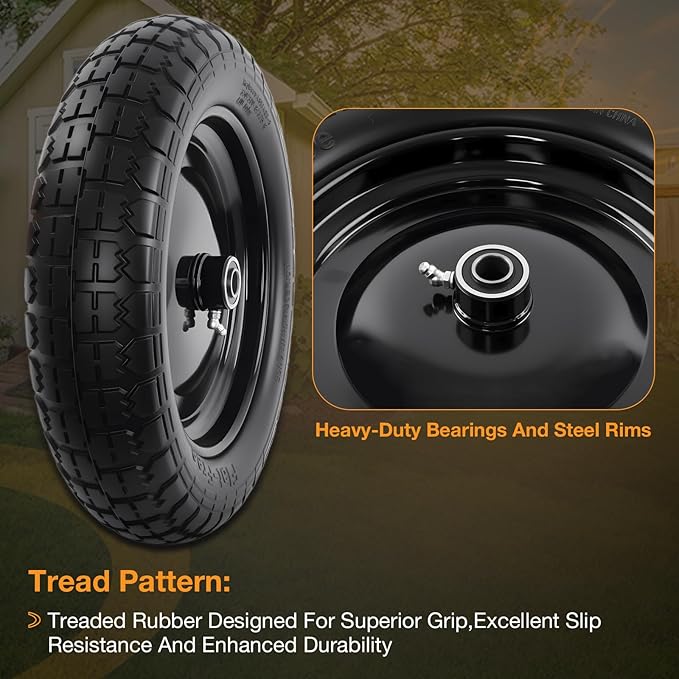 HQPASFY 2 Pack 14.5" Flat Free Tire 4.80/4.00-8 Wheelbarrow Tire and Wheel, 3" Centered Hub, 5/8" & 3/4" Bearings Replacement for Wheelbarrows, Garden Carts, Dump Carts, Lawn Equipment