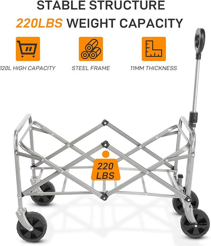 Collapsible Beach Wagon with Big All-Terrain Wheels for Sand, Grocery Shopping, Park Picnic, Camping, Beach Trip