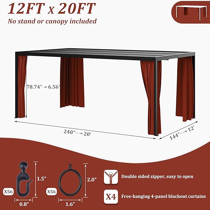 Gazebo Universal Replacement Privacy Curtain,12'×20' Gazebo Outdoor Waterproof Curtains, 4-Panels Sidewall Curtains with Double Zipper for Patio Canopy, Garden and Backyard (Curtain Only)