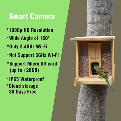 Smart Wooden Bird Feeder with Camera-Solar Power,Bird AI Identifier,1080p HD,5200mAh Battery,3.5L Extra Large,Twin Seed Bins