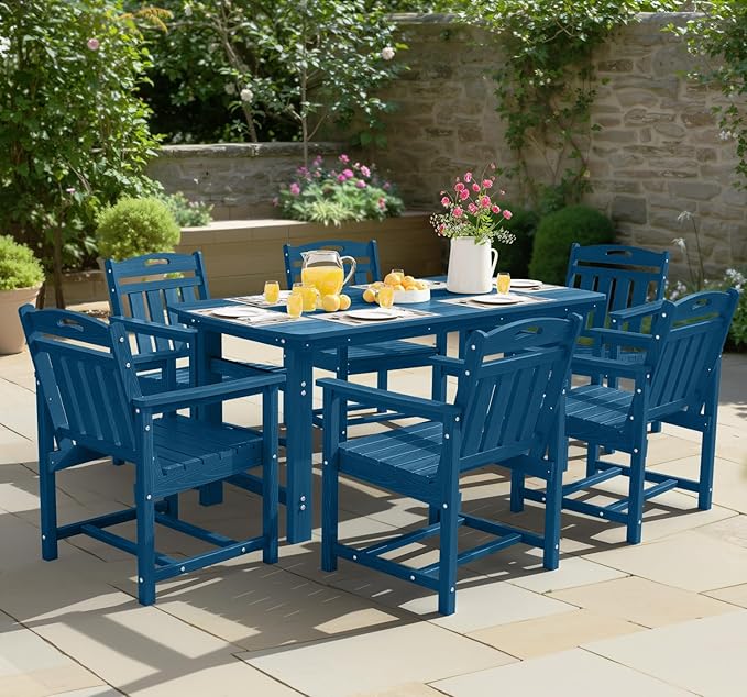 Ciokea HDPE Outdoor Dining Set 7-Piece Patio Table and Chairs with Umbrella Hole, All-Weather Patio Dining Set for 6, Durable Patio Furniture Set for Backyard, Garden, Lawn & Poolside, Navy Blue