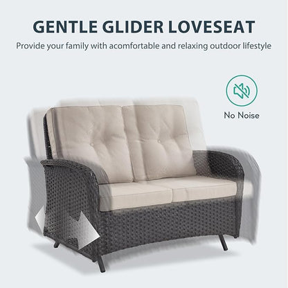 6 Piece Patio Furniture Set - Wicker Patio Conversation Set with Swivel Glider, Glider Loveseat, Tempered Glass Side Table and 2 Ottomans for Deck Backyard - Black Wicker Beige Cushion