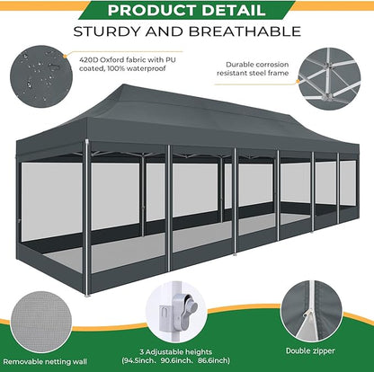 COBIZI 10x30 Heavy Duty Pop Up Canopy Tent with 8 Sidewalls, Commercial Gazebo Party Tent with Mosquito Netting Wall Easy Set Up Outdoor Instant Screen Tent for Backyard, Patio, Garden, Gray