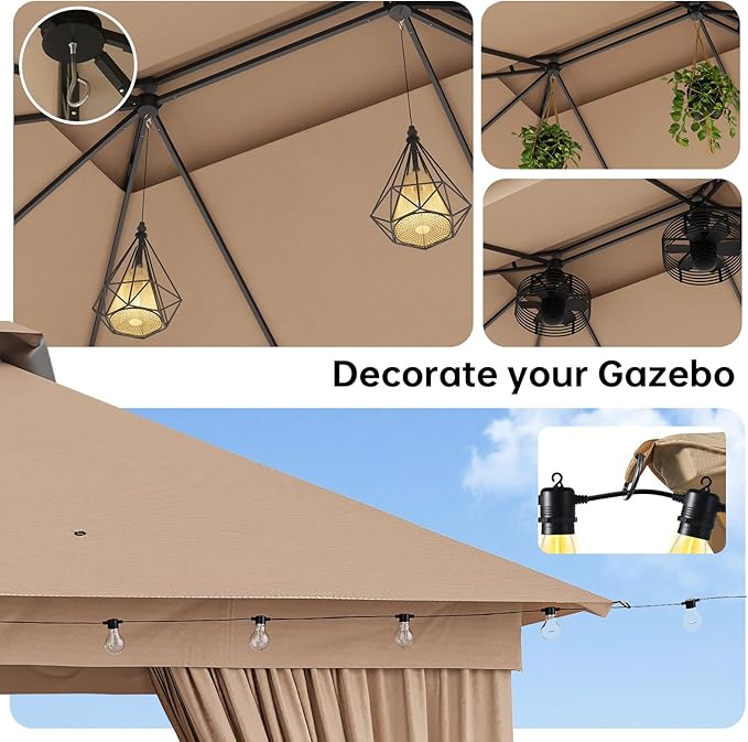 Outdoor Gazebo Metal Frame Patio Pergola Double Roofs Patio Canopy with Double-Layer Door and Mosquito Netting for Deck, Backyard, Lawn (Beige, 10x13FT)