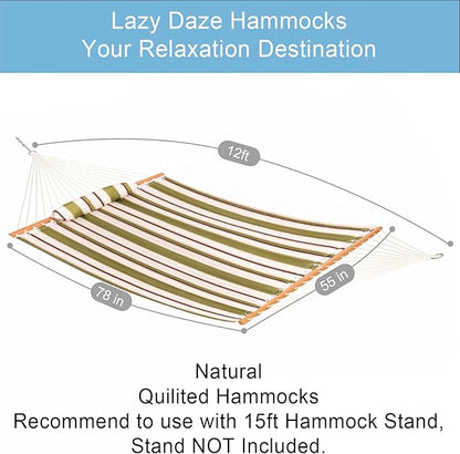 Lazy Daze Hammocks 12FT Quilted Fabric Hammock with Pillow, Double 2 Person Hammock with Spreader Bar for Outdoor Outside Patio Garden Yard Pool Beach QFH014