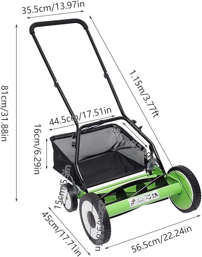 16 Inch 5-Blade Push Reel Lawn Mower, Cordless Manual Lawn Mower with Grass Catcher, Adjustable Cutting Height, Walk-Behind Lawn Mowers for Yard, Garden