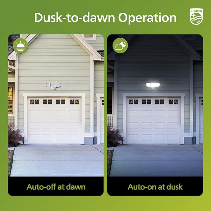 Philips 72W 7400LM Dusk to Dawn Security Lights Outdoor, LED Aluminum Flood Light, 3 Adjustable Heads, 5000K Daylight, Waterproof for Garage, Yard, Patio