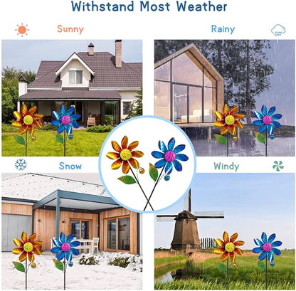2Pack Garden Wind Spinners,Metal Wind Sculptures Outdoor Windmill Flower Pinwheel Decorations for Yard Lawn Patio Decor