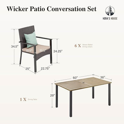 HERA'S HOUSE 7 Pieces Patio Dining Set, 6 x Outdoor Rattan Armchair with Beige Removable Cushions,1 x Rectangular Metal Dining Table with Wood-Look Finish for Patio, Lawn, Garden, or Porch