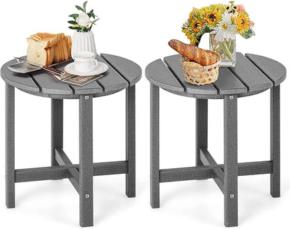 Tangkula Round Outdoor Side Table, 18 Inch Weather Resistant HDPE Adirondack Table, Outdoor Indoor Chairside End Tables, Patio Side Table for Lawn Garden Balcony Backyard, Easy Assembly (2, Gray)