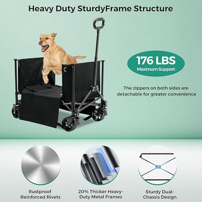 SUNNYFEEL Wagon Cart Foldable, Standard Borderless Version Collapsible Wagon with 220 LBS Max Load, Up to 120L Foldable Grocery Cart with Side Opened for Outdoor, Garden & Camping,Black