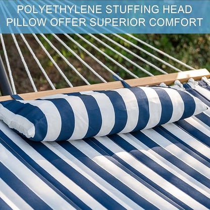 Lazy Daze Hammocks 12FT Quilted Fabric Double Hammock with Spreader Bars and Detachable Pillow, 2 Person, 450lbs Capacity, Blue White