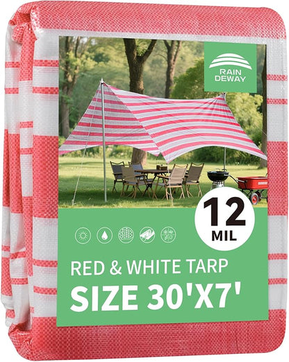 RAINDEWAY Tarps 7x30 Feet,12 Mil Sunshade Striped Tarp Waterproof,Multipurpose Poly Tarp Cover with Grommets and Reinforced Edges,Red/White Tarps