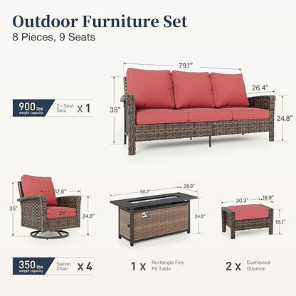 Patio Furniture Set with Swivel Chairs, High Back Wicker Rattan Furniture with 5.5" Thick Cushions, Fire Pit Table and Ottomans, All Weather Outdoor Conversation Set for Backyard Deck,9 Seats, Red