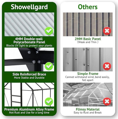 10x6ft Polycarbonate Greenhouse, Heavy Duty Walk-in Aluminum Greenhouse for Outdoors, Plants Backyard，with Ventilation Window, Rain Gutter, Sliding Door Black