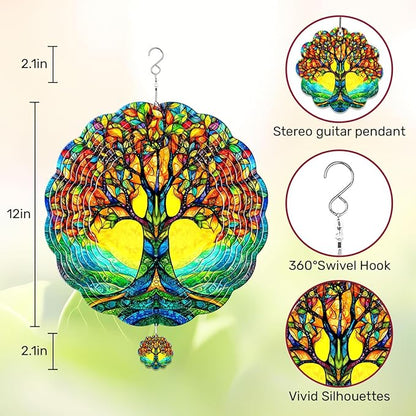 Tree of Life Hanging Wind Spinners for Women Men, 12 Inch Metal 3D, Stainless Steel Hanging Wind Catchers Sculpture for Outside, Christmas Decoration Garden, Unique Gift Xmas
