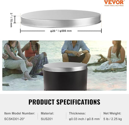 VEVOR Fire Pit Cover Lid, Compatible with The Solo Stove Bonfire 20" Portable Firepit Spark Screen,Stainless Steel Metal Cover, Wood Burning and Camping Stove Accessory, for Outdoor Patio Backyard
