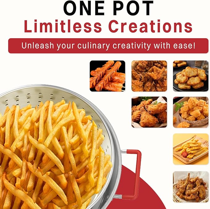 10QT Aluminum Fish Fryer Pot | with Lid & Tong | Deep Fryer with Basket | Indoor & Outdoor Cooking | All-Round Protection | Accessory Gift Pack | Perfect For Boiling ＆ Frying