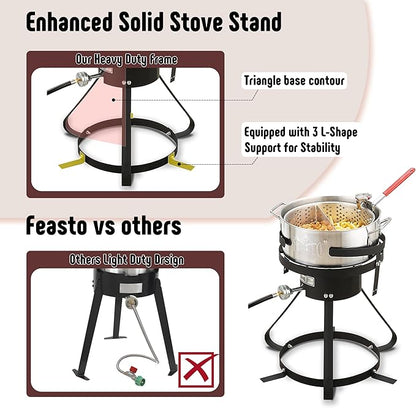 10 Qt Aluminum Outdoor Propane Gas Fish Fryer Pot Kit with Strainer Basket, 50,000 BTU Burner, Adjustable 0-5 PSI Regulator, Perfect for Boiling and Frying