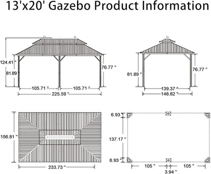 PURPLE LEAF 13' X 20' Outdoor Hardtop Gazebo Patio Wide Aluminum Frame Galvanized Steel Double Roof with Heavy Duty Netting and Curtains for Permanent Hard Top Pavilion Screen,Khaki