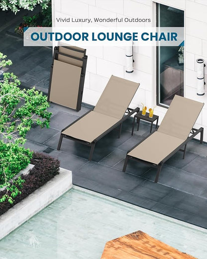 Foldable Pool Lounge Chairs, Aluminum Chaise Lounge Outdoor with 5 Positions Recliner - Free Assembly - Patio Lounge Chair for Poolside, Beach (Khaki)