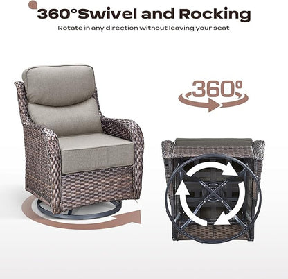 Rilyson Outdoor Patio Swivel Rocker Chairs Set of 2, Waterproof Wicker, High Back, Deep Seating, Wide Armrest, Upgraded 6 inch Thick Cushions, Side Table, Ideal for Deck Porch Yard, Brown/Beige