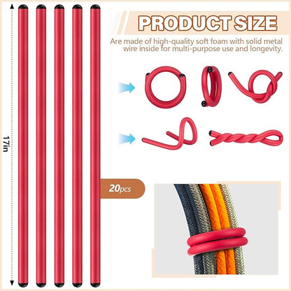 20 Pcs 17 Inch EVA Foam Twist Rubber Ties Reusable Bendable Cable Tie Straps Flexible Heavy Duty Twisty Ties for Organizing Cords Bundling (Red)
