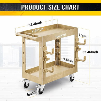 Heavy Duty Garden Tool Carts,600LBS Capacity 2 Tier Yard Tool Storage Rack with Side Hooks Garage Tool Cart with 360°Swivel Wheels Outdoor Garden Tool for Shed, Yard, Garage,Sand