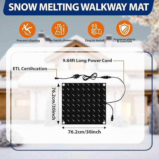 Riakrum 1 Pcs Heated Snow Melting Mats Outdoor, 30 x 30 in Winter Anti-Slip Heated Rubber Mat for Walkways Decks and Sidewalks, Snow and Ice Melting Pads Connection with 9.84 ft Power Cord