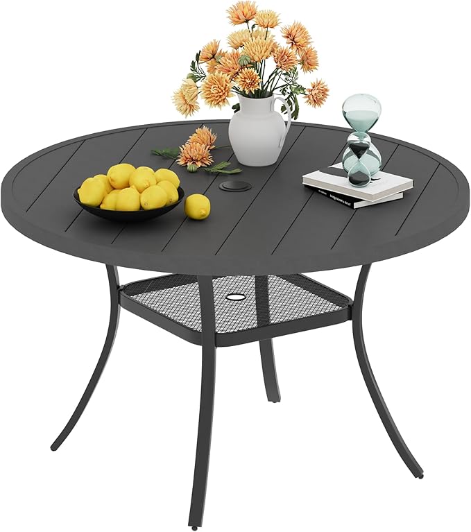 VICLLAX Round Patio Dining Table, 4-6 Person Metal Outdoor Dining Table with Umbrella Hole for Garden Lawn Deck, 47.2" Dark Grey